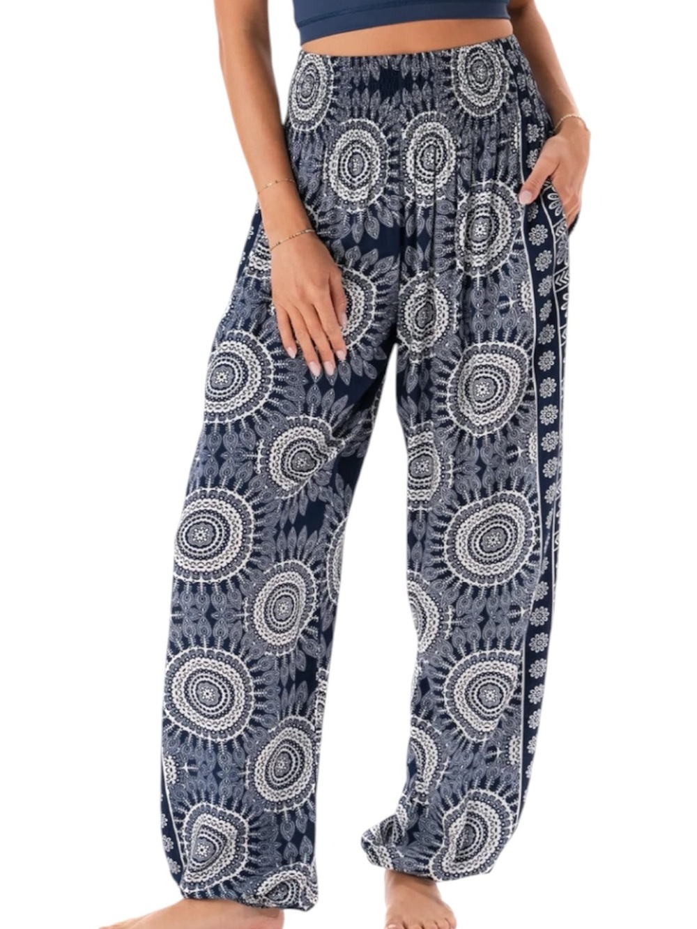 Lotus & Luna Como Harem Pants L/XL Blue Boho Medallion Jogger Pockets